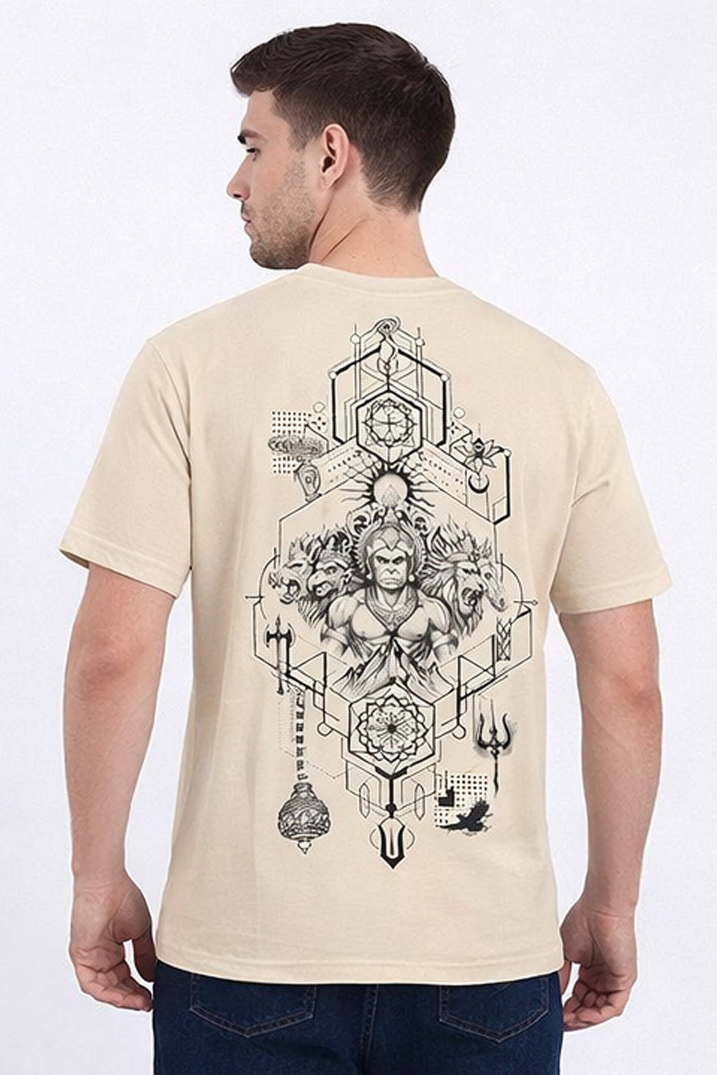 Beige Cotton T-Shirt (18 GSM) with Lord Hanuman Design | Premium Spiritual Wear for Men