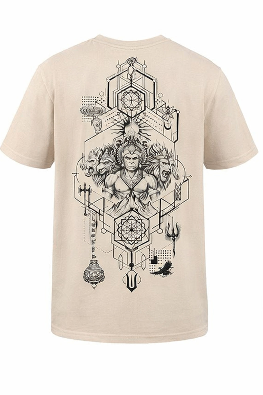 Beige Cotton T-Shirt (18 GSM) with Lord Hanuman Design | Premium Spiritual Wear for Men